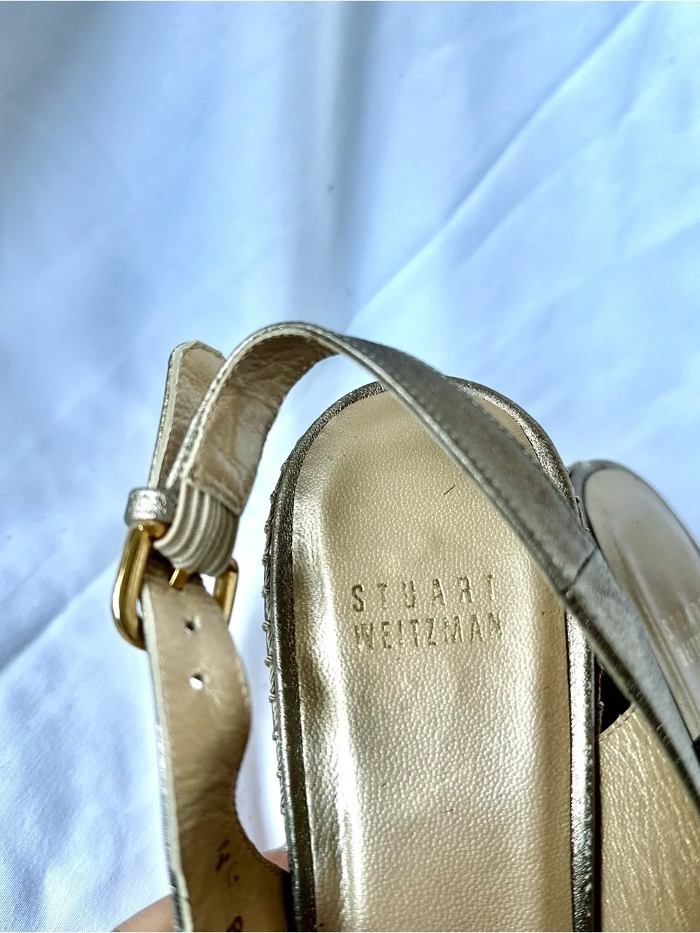 Stuart Weitzman Metallic Gold Peep-Toe Slingback Wedges - Picture 3 of 9